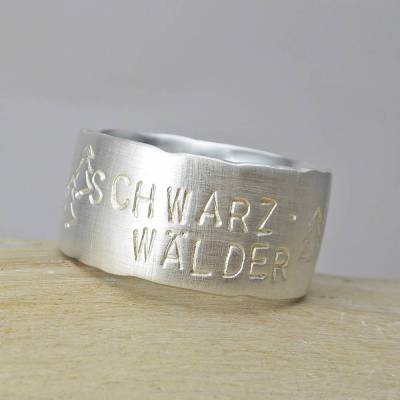 "Waldring" breiter Ring Silber 925 mit individueller Textprägung, Tannen, Wald, Schwarzwald, Koordinaten