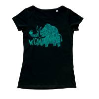 Vegan Mammut, Bio Fairtrade T-Shirt Frauen, schwarz, mit handgedrucktem Siebdruck. Bild 1