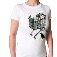 Einkaufswagen mit Krähen, T-Shirt Frauen, Biobaumwolle, Siebdruck handbedruckt Bild 1