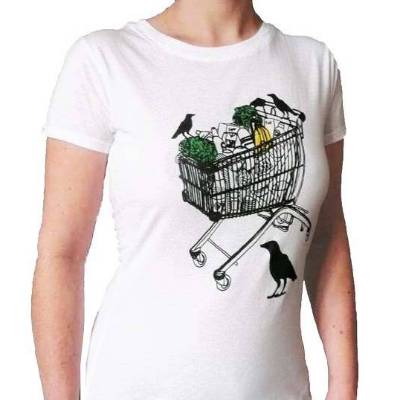 Einkaufswagen mit Krähen, T-Shirt Frauen, Biobaumwolle, Siebdruck handbedruckt