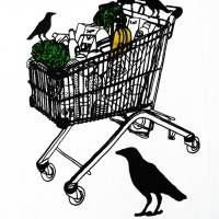 Einkaufswagen mit Krähen, T-Shirt Frauen, Biobaumwolle, Siebdruck handbedruckt Bild 4