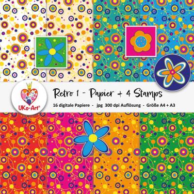 Digipapier Retro 70er mit 4 Digistamps Blumen, Bastelpapier für Scrappbooking, Karten Buchumschlag Kalender