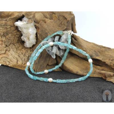 hellblaue Kette Apatit Quader mit Perlen Silber Karabiner