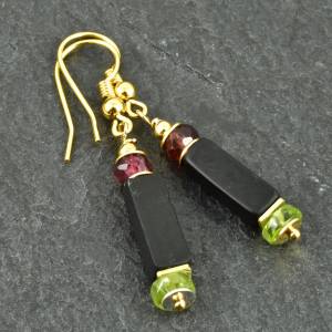 Ohrringe mit Onyx, Granat, Peridot und vergoldetem Sterling Silber, vergoldete Ohrringe, Hängeohrringe, schwarz, rot Bild 1