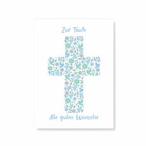 Friendly Fox Karte zur Taufe "Kreuz", 1x Taufkarte mit Umschlag, zur Taufe Junge Blumen Kreuz, DIN A6 Klappkarte Bild 1