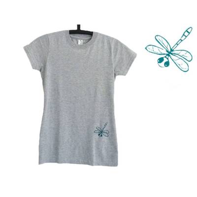Libelle, graues Bio-T-Shirt für Frauen, Gr. S. Siebdruck handbedruckt