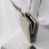 True Vintage 50er Kroko Tasche Elegante Handtasche Cremeweiß Grau mit Spiegel Bügelverschluss Clip Goldfarben Bag Bild 2