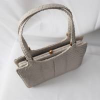 True Vintage 50er Kroko Tasche Elegante Handtasche Cremeweiß Grau mit Spiegel Bügelverschluss Clip Goldfarben Bag Bild 3
