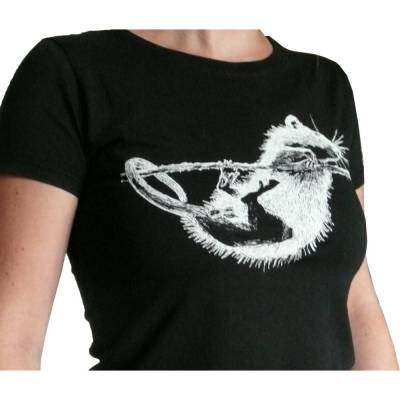 Ratte, Bio T-Shirt für Frauen, schwarz. Siebdruck handbedruckt.