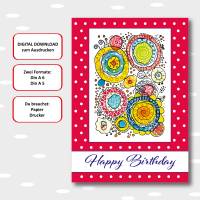 Geburtstagskarte als Sofort-Download, jpg-Datei zum ausdrucken, Digial-Download in zwei Formaten: A5 + A6, Kringel rot Bild 1