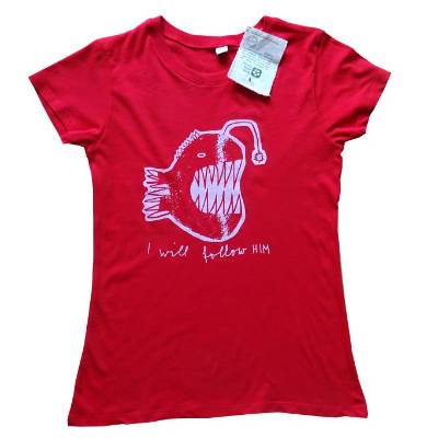Anglerfisch, I will follow him. Bio T-Shirt Frauen, rot, Gr. S, mit Handsiebdruck.
