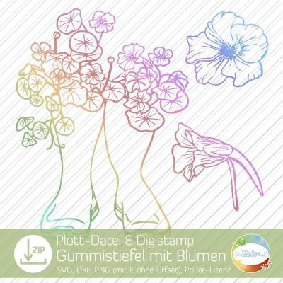 Bundle Digistamp und Plott-Datei Gummistiefel mit Blumen, Folienplott Kapuzinerkresse, Stiefel, Blüten, Blätter