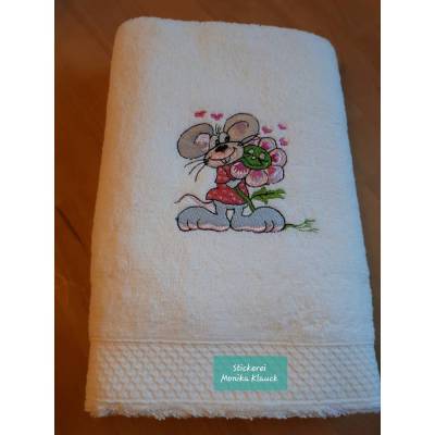 Handtuch, weiß, 50 x 100, mit Maus und nach Wunsch mit Namen
