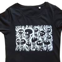 Skelette, Bio Fairtrade T-Shirt Frauen, schwarz, mit handgedrucktem Siebdruck. Bild 1