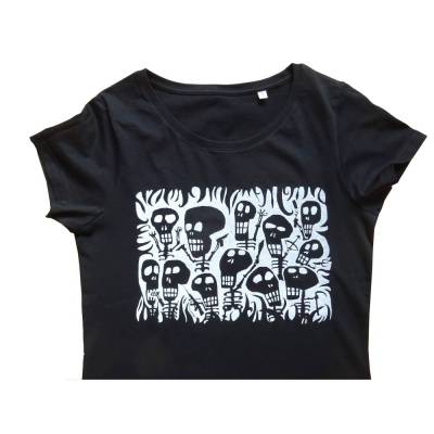 Skelette, Bio Fairtrade T-Shirt Frauen, schwarz, mit handgedrucktem Siebdruck.