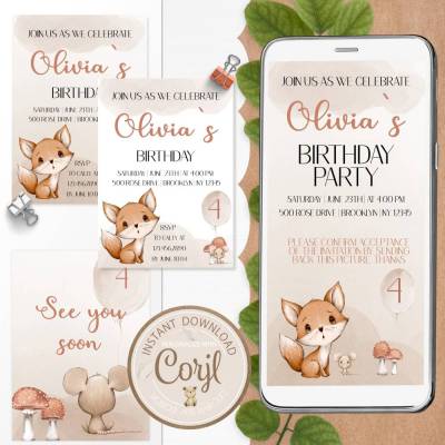 Einladungskarte Kinder Geburtstag | DIY Druckbar | Texte editierbar| Fuchs Wald Tiere | Kinderzimmer Poster |