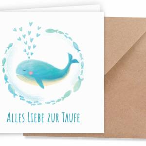 Friendly Fox Karte zur Taufe "Wal", 1x quadratische Taufkarte mit Umschlag, zur Taufe kleiner Wal und Fische, Kl Bild 3