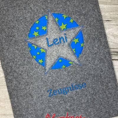 Zeugnis, Zeugnismappe, Zeugnishülle, Zeugnisse, gestickt, Filz, Stern im Kreis, Junge, Mädchen, personalisierbar
