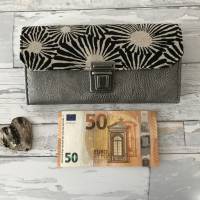 Geldbörse, Portemonnaie, Leinen - Chrysantheme, Kunstleder - schwarz grau Bild 3