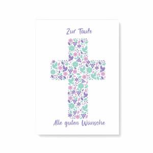 Friendly Fox Karte zur Taufe "Kreuz", 1x Taufkarte mit Umschlag, zur Taufe Mädchen Blumen Kreuz, DIN A6 Klappkar Bild 1