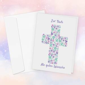 Friendly Fox Karte zur Taufe "Kreuz", 1x Taufkarte mit Umschlag, zur Taufe Mädchen Blumen Kreuz, DIN A6 Klappkar Bild 2