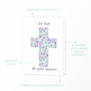 Friendly Fox Karte zur Taufe "Kreuz", 1x Taufkarte mit Umschlag, zur Taufe Mädchen Blumen Kreuz, DIN A6 Klappkar Bild 4