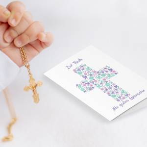 Friendly Fox Karte zur Taufe "Kreuz", 1x Taufkarte mit Umschlag, zur Taufe Mädchen Blumen Kreuz, DIN A6 Klappkar Bild 5