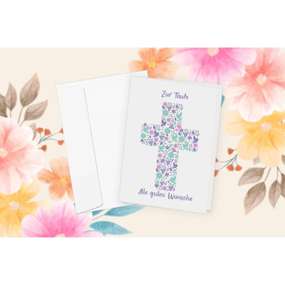 Glückwunschkarte Taufe mit Umschlag Vintage Taufkarte Rosen Blumen rosa Mädchen 