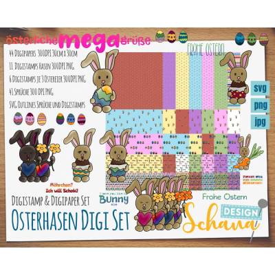 Ostern Osterhase Set Digistamps und Digipaper Plotterdatei Scrapbooking Basteln zu Ostern PNG JPG SVG