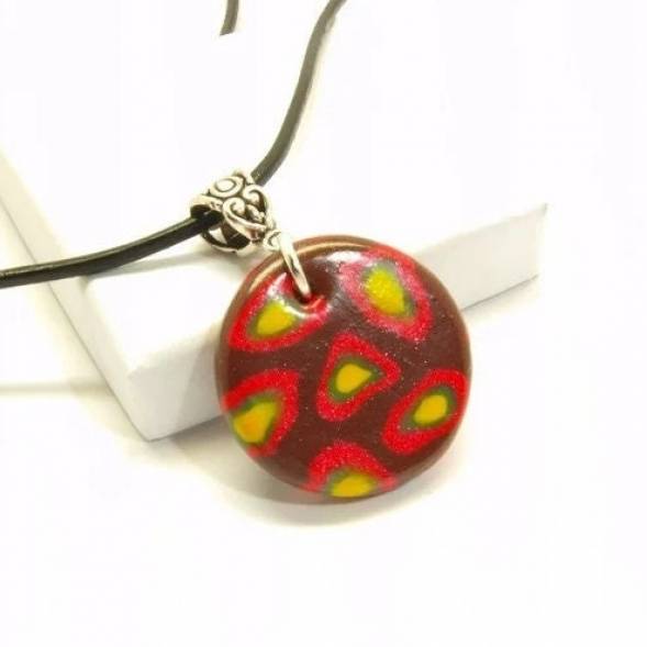 Kette Leder Cabochon Polymer Clay farbig bunt retro Muster nach Wahl