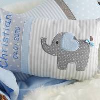 Personalisiertes Kissen zur Geburt oder Taufe, Elefant, hellblau, aus Baumwollstoff Bild 2