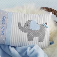 Personalisiertes Kissen zur Geburt oder Taufe, Elefant, hellblau, aus Baumwollstoff Bild 4