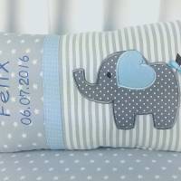 Personalisiertes Kissen zur Geburt oder Taufe, Elefant, hellblau, aus Baumwollstoff Bild 7