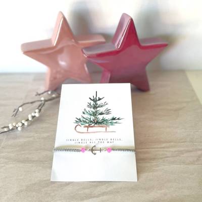 Filigran geknüpftes Armband in Grau mit Anker-Element in Silber, Glasschliffperlen in Rosa, Weihnachtskarte