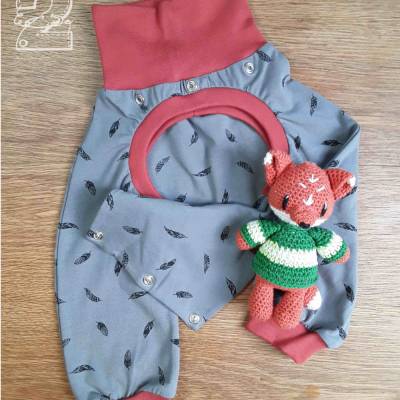 Abhalte-/ Windelfreihose mit Abdeckung, grau mit Federn/ terracotta