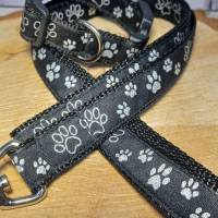 Hundehalsband mit Hundeleine im Set "Pfoten", schwarz, für kleine Hunde / Welpen Bild 1