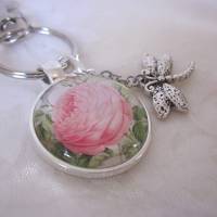 Schlüsselanhänger Anhänger Rose Blume Rosa Grün mit Charm Libelle "Rosalie" Bild 1