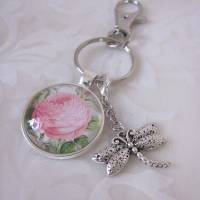 Schlüsselanhänger Anhänger Rose Blume Rosa Grün mit Charm Libelle "Rosalie" Bild 6