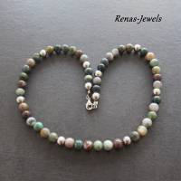 Edelsteinkette grün braun weiß silberfarben Indien Achat Perlenkette Edelstein Kette Collier Bild 3