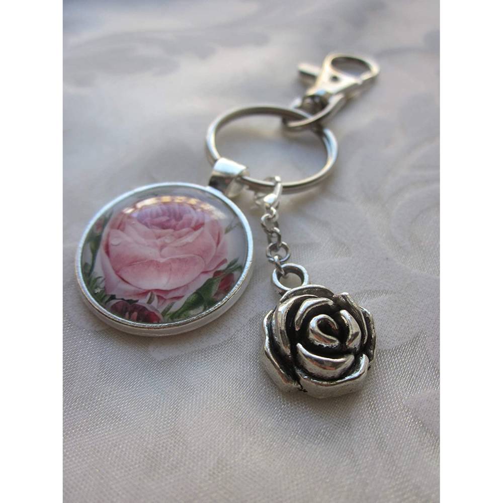Schlüsselanhänger Anhänger Rose Blume Rosa Grün mit Charm "Romantique" Bild 1