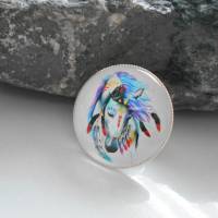 Pferdekopf Pferd indianer, hippie versilberter  Ring  rund mit Glascabochon 30mm , Statement Bild 1