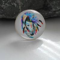 Pferdekopf Pferd indianer, hippie versilberter  Ring  rund mit Glascabochon 30mm , Statement Bild 3