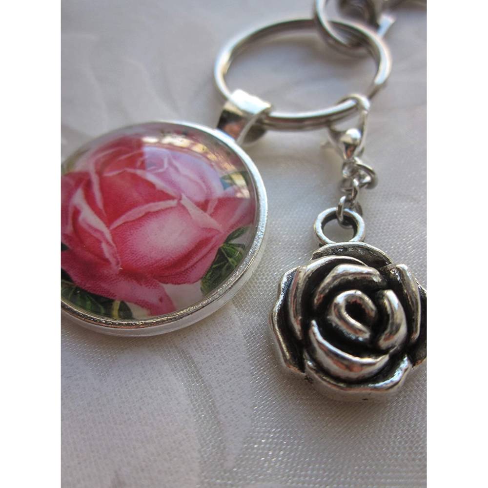 Schlüsselanhänger Anhänger Rose Blume Rosa Grün mit Charm "Rose" Bild 1