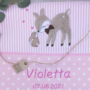 Süße personalisierte, Babydecke, mit Reh und Hase, rosa, braun, aus Baumwollstoff Bild 3