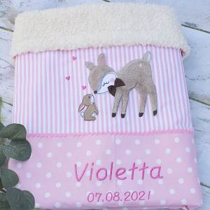 Süße personalisierte, Babydecke, mit Reh und Hase, rosa, braun, aus Baumwollstoff Bild 4