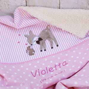 Süße personalisierte, Babydecke, mit Reh und Hase, rosa, braun, aus Baumwollstoff Bild 6
