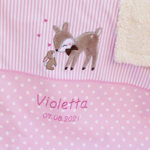 Süße personalisierte, Babydecke, mit Reh und Hase, rosa, braun, aus Baumwollstoff Bild 7