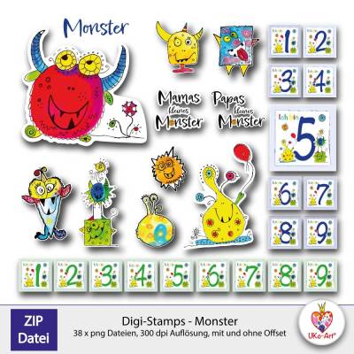 Digistamp-Set Kindergeburtstag Monster, Scrapbook Sticker Karten Plotterdatei