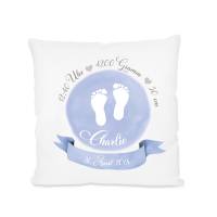 Personalisiertes Kissen für Babys zur Geburt u. Taufe, Babygeschenk mit Geburtsdaten in Blau mit Fußabdrücken Bild 1