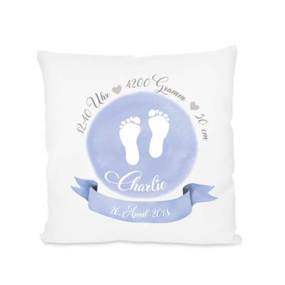 Personalisiertes Kissen für Babys zur Geburt u. Taufe, Babygeschenk mit Geburtsdaten in Blau mit Fußabdrücken